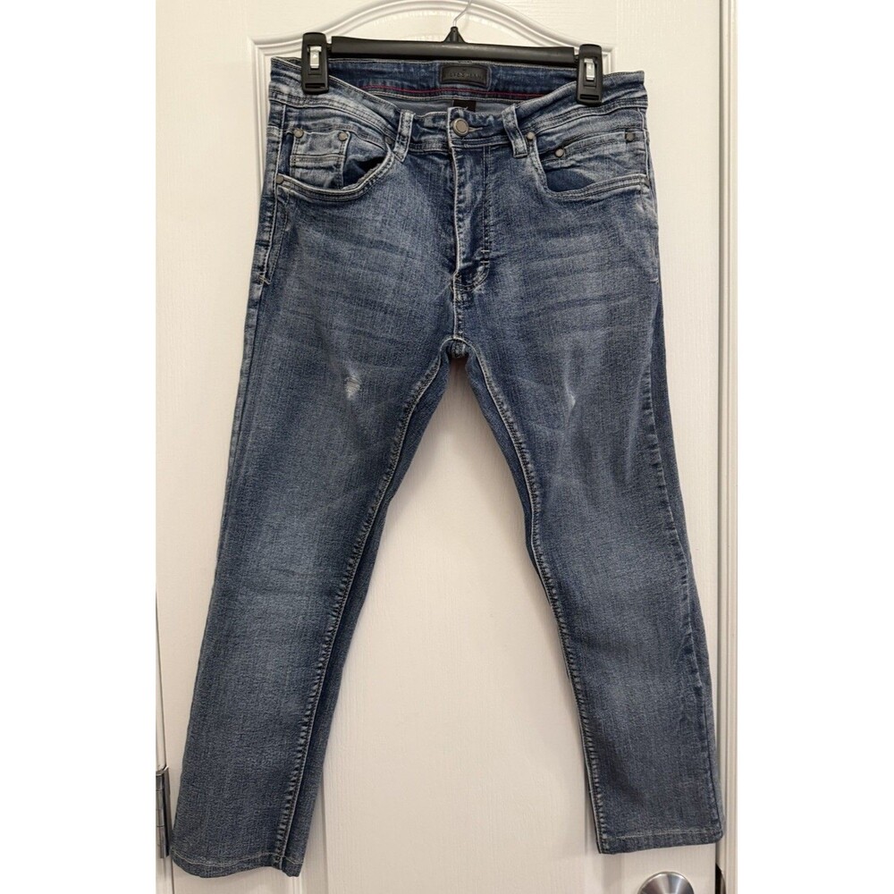 Steve's Jeans Dark Blue Distressed Classic Men's Size 30/30 Leather Cotton/poly/